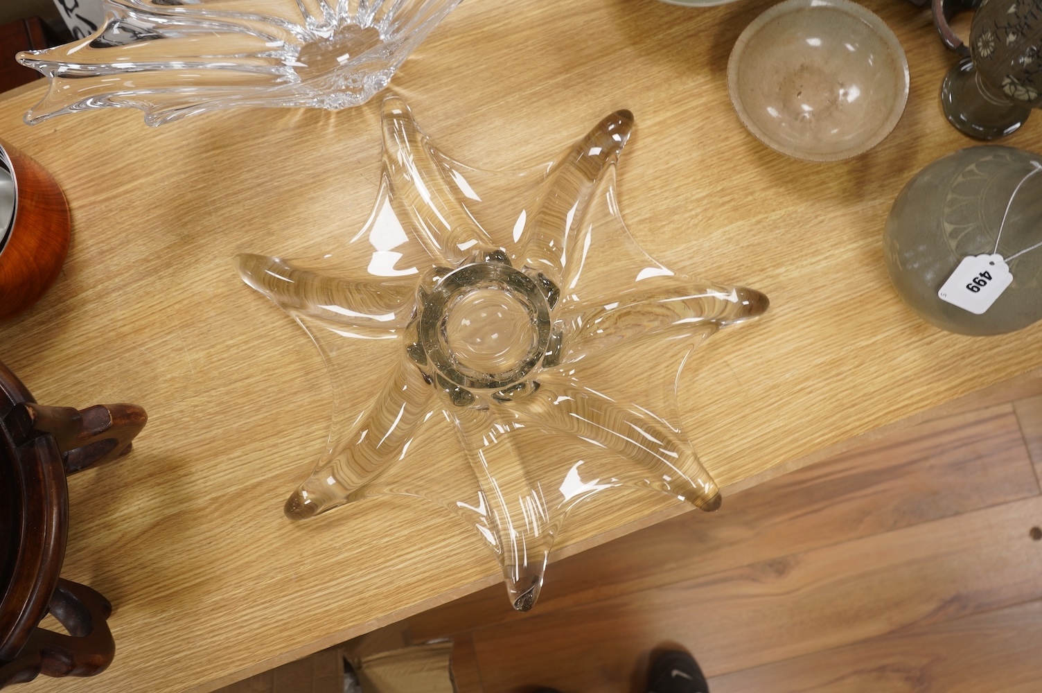 A 1950’s- 60’s Daum signed Crystal Starfish glass dish, together with a similar signed Daum Chrystal Splash bowl. Splash bowl 49cm wide. Condition - both good